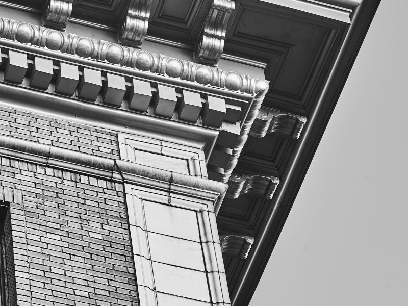 Ornate cornice of the historic 1890s bank building, now The Drayton Hotel