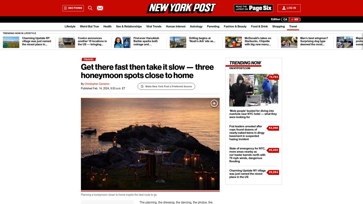 New York Post: Get there fast then take it slow — three honeymoon spots close to home